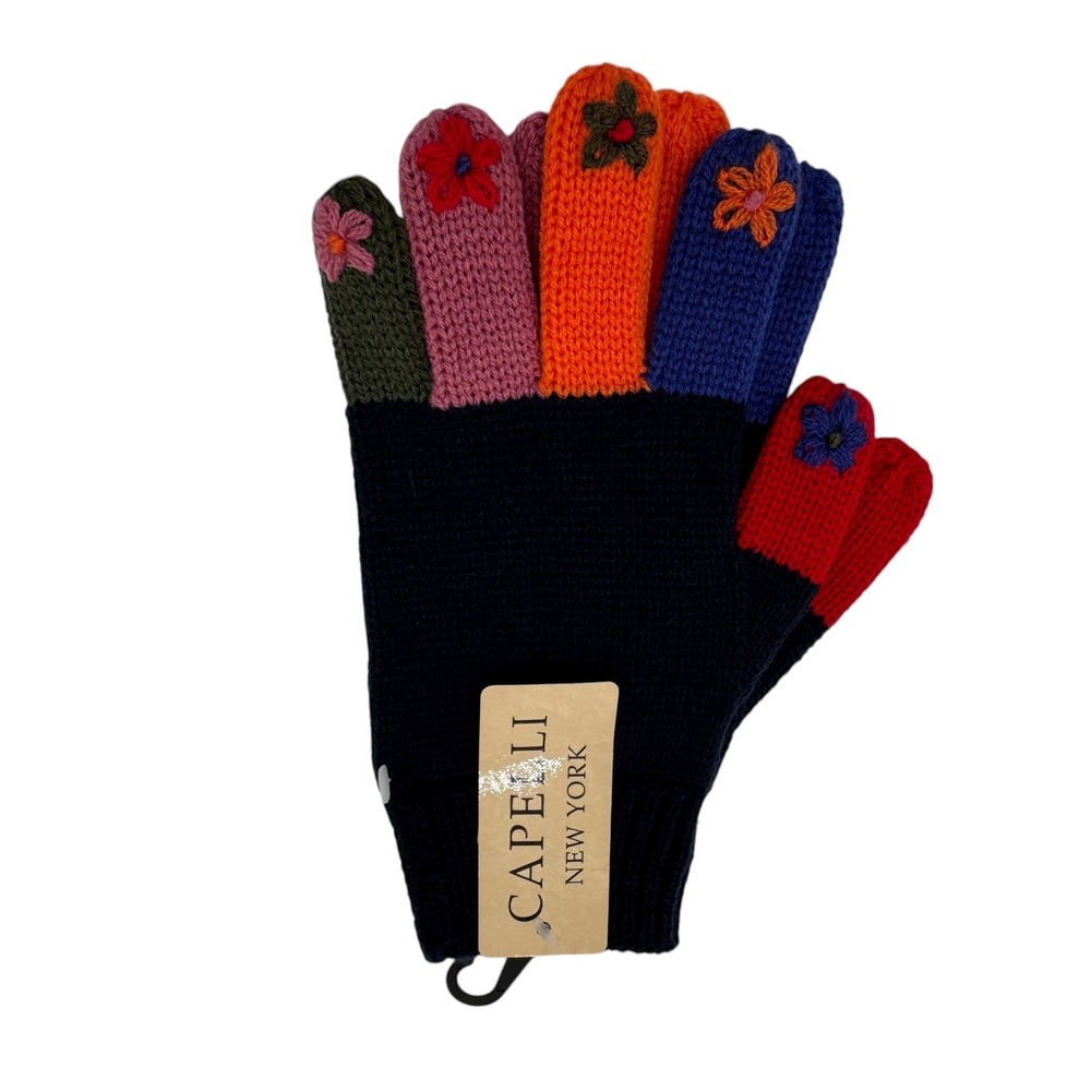 Capelli Navy Knit Womens Gloves Multi Color Floral Embroidered Stretch Cozy NWT